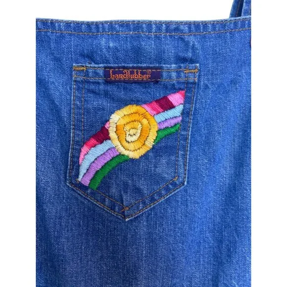 Vtg 70's Landlubber Denim Overall Pinafore Jumper Dress Rainbow Embroidery Retro - Picture 3 of 14